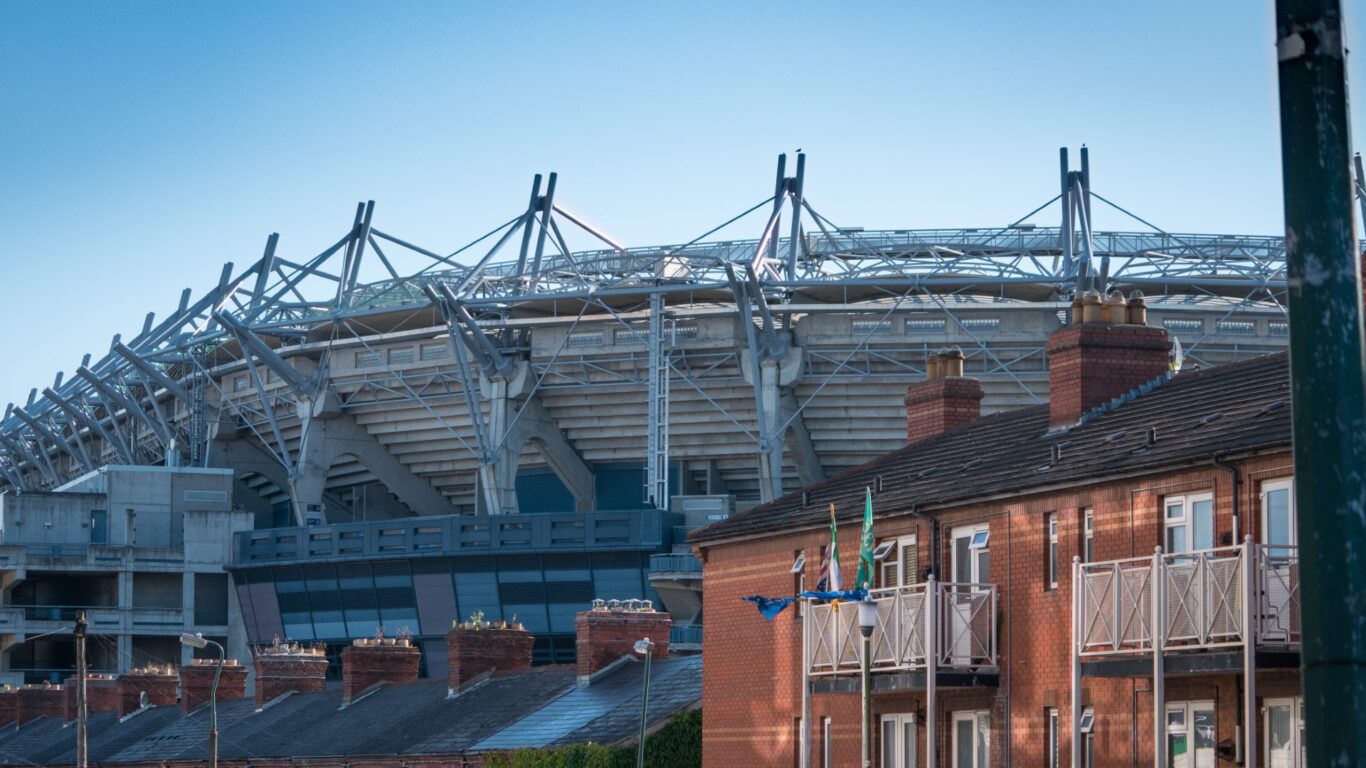 Croke Park GAA / Gaelic Games Stadium in Dublin, behind rooftops