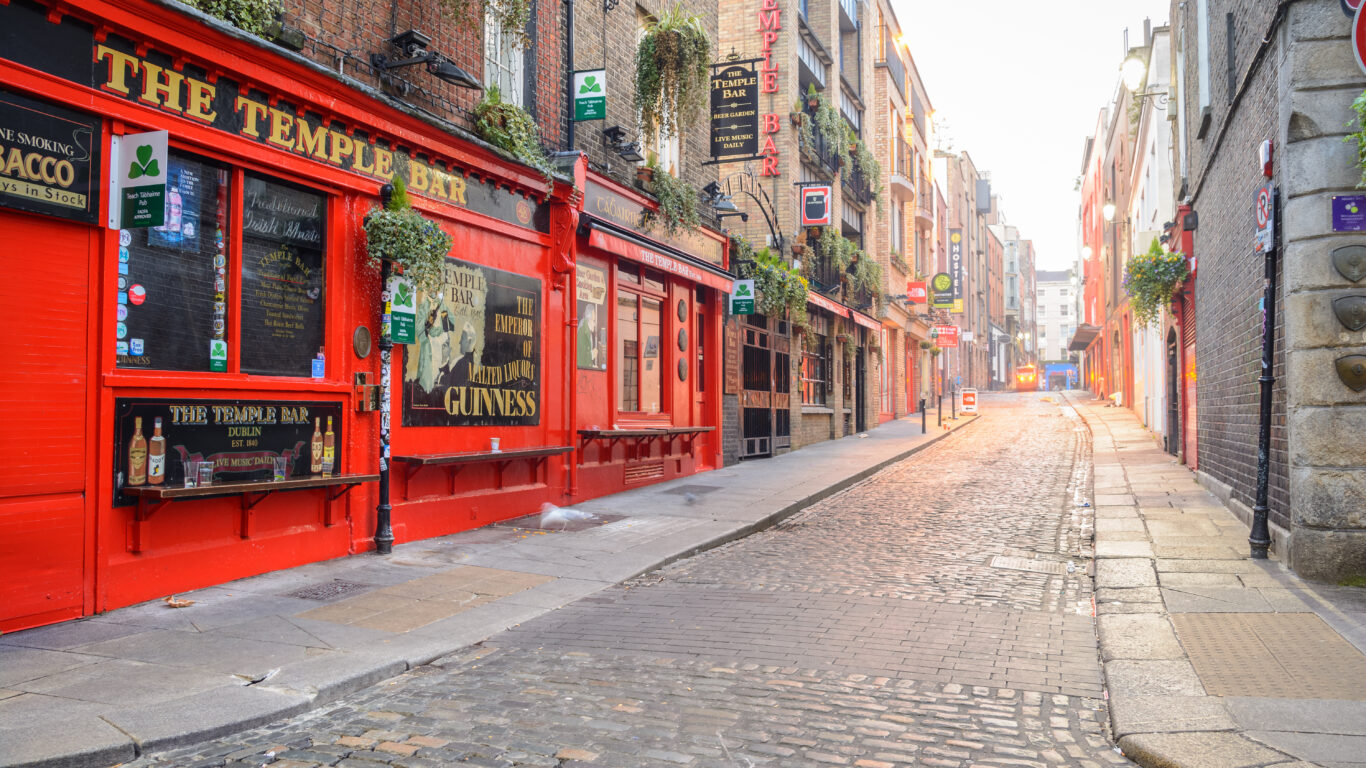 dublin, ireland. 5th may, 2019: views of empty pub street in dublin