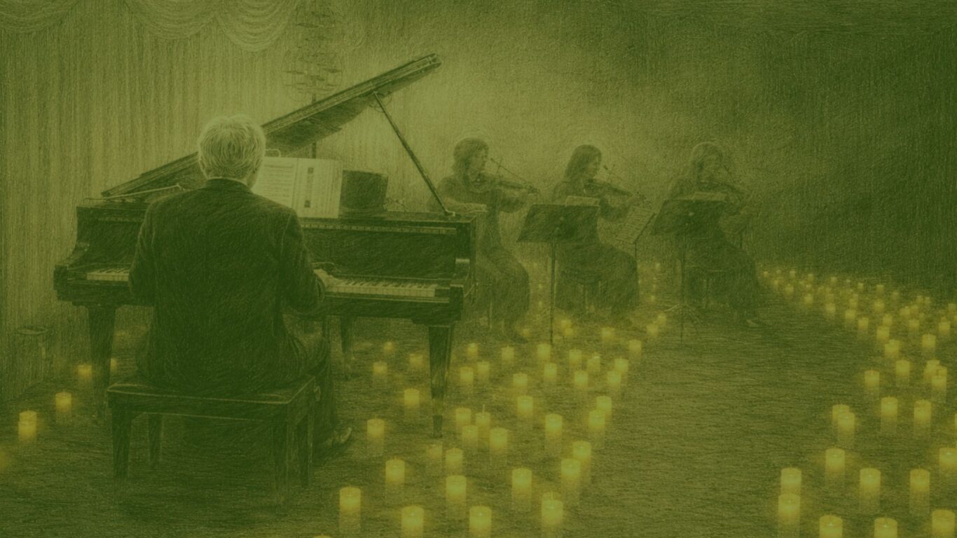 Grand piano and string quartet perform in an elegant candlelit hotel lounge, creating a romantic atmosphere for guests.