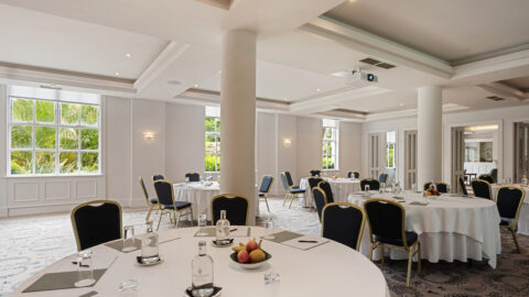Elegant hotel conference room with round tables, large windows, natural light, ideal for meetings or events.
