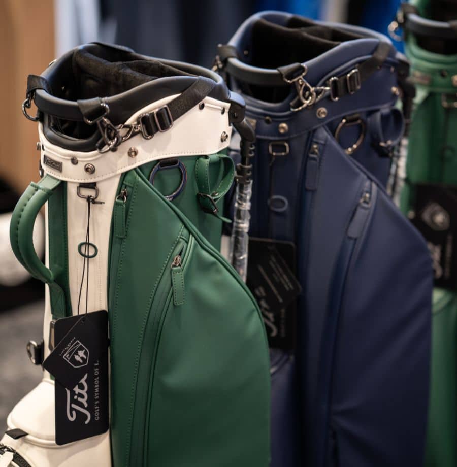 Luxury Golf Bags in Hotel Pro Shop Stylish golf bags in hotel pro shop, perfect for guests enjoying a luxurious golf getaway.