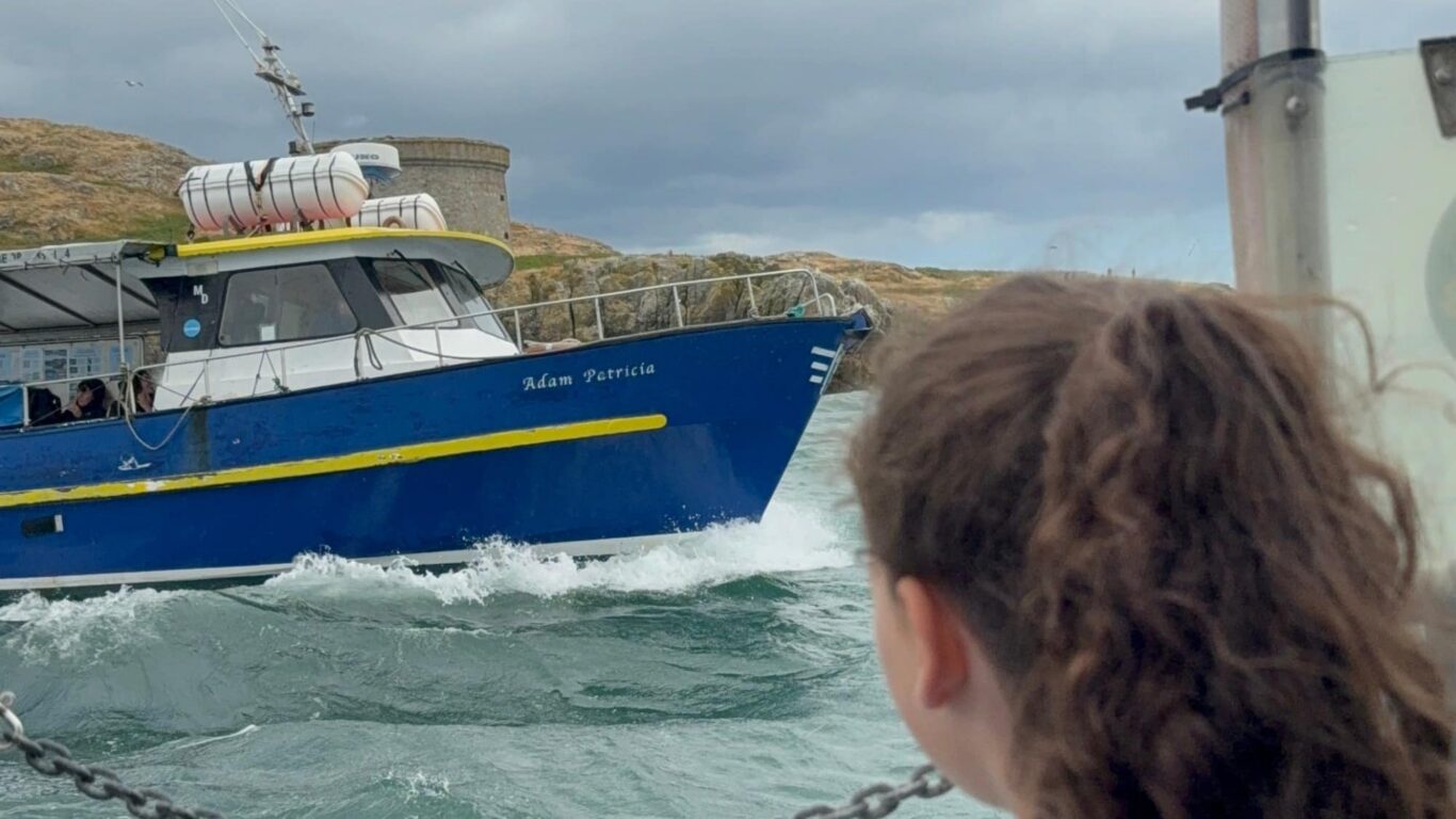 Guest enjoys scenic boat ride with views of rugged cliffs and ocean, highlighting adventure and coastal experience.